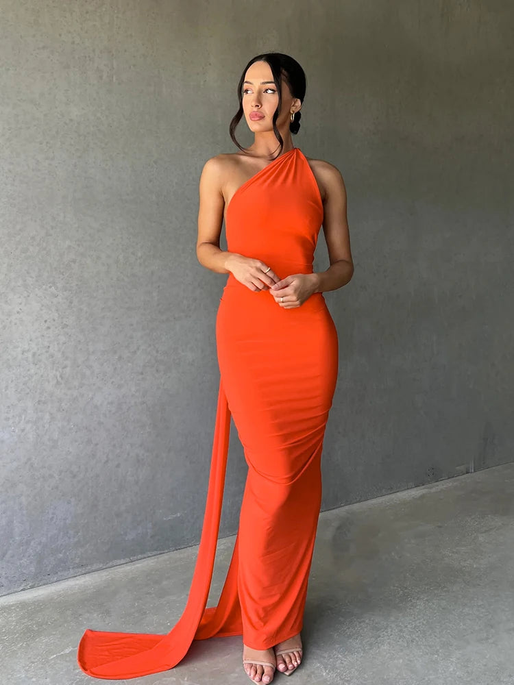 Hugcitar One Shoulder Backless Ruched Maxi Dress Women Y2K