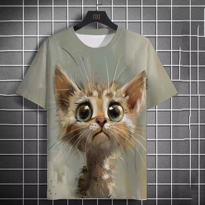 Oversized 3D Cat Print Tee – Unisex Summer Fashion