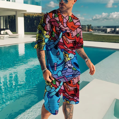 Men’s 2-Piece Summer Casual Set – 3D Print T-Shirt & Shorts