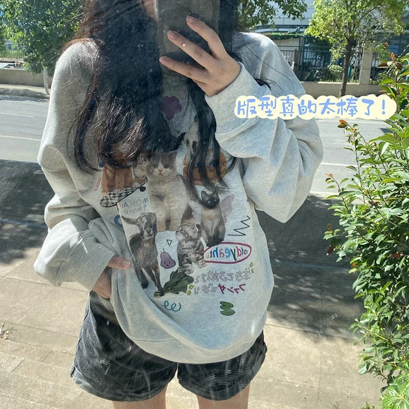 Milk Cat Graphic Sweatshirt for Women – Autumn Winter Streetwear