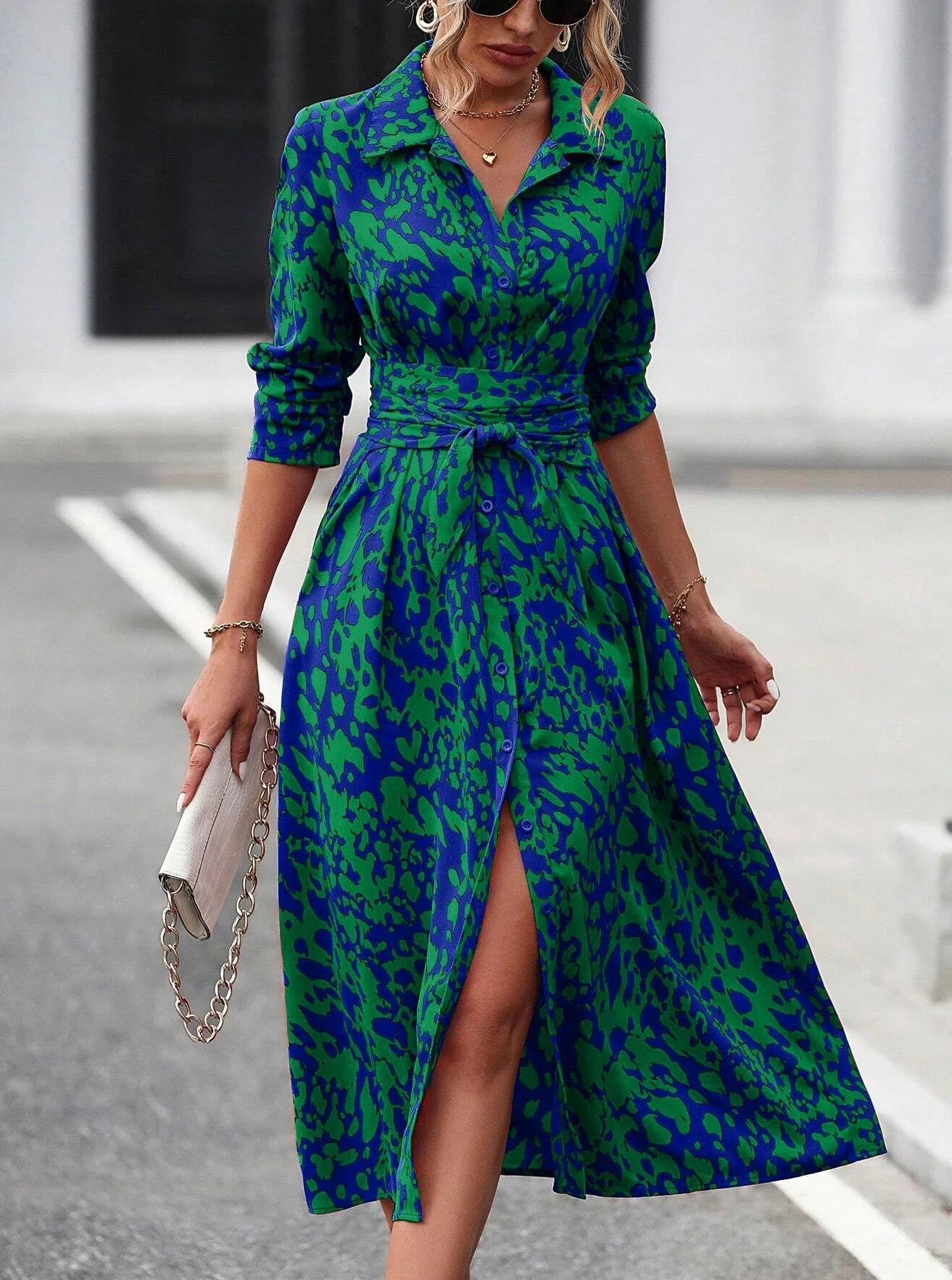 Elegant belted midi shirt dress, long sleeve, office casual