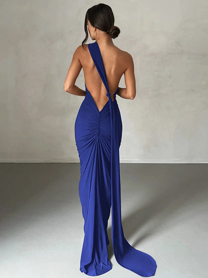 Hugcitar One Shoulder Backless Ruched Maxi Dress Women Y2K