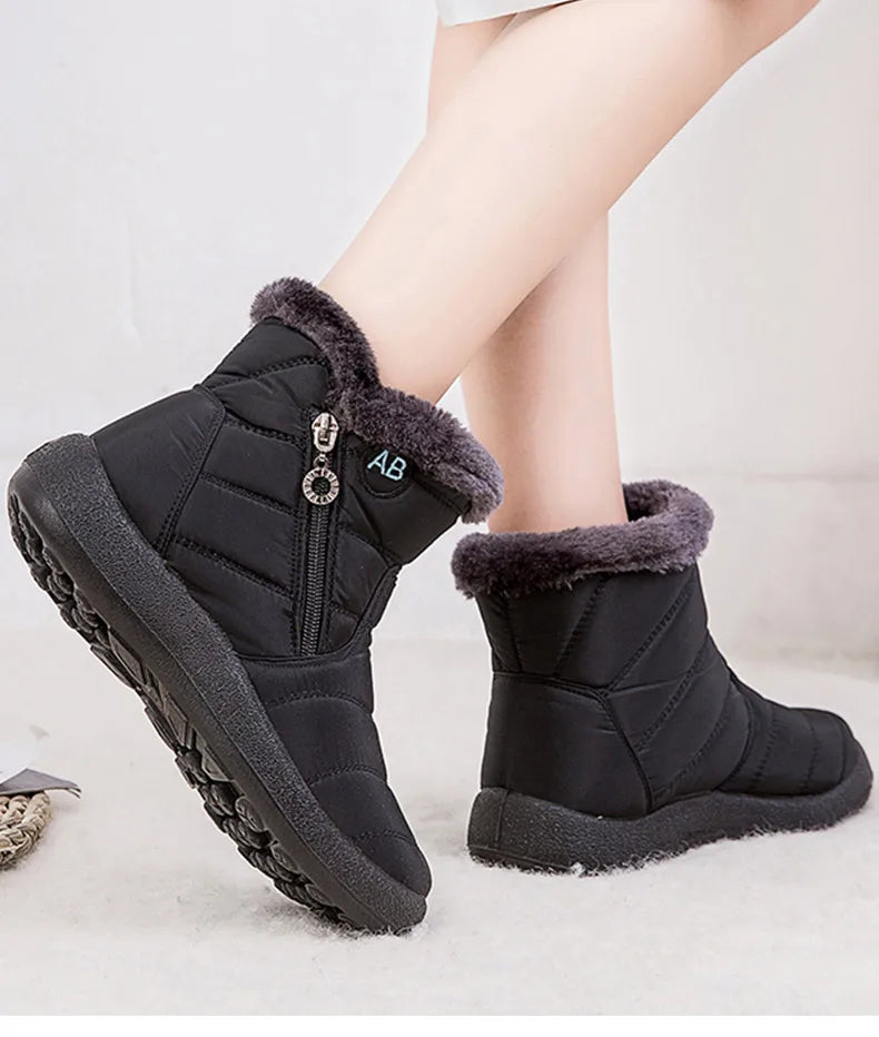 Stylish women's ankle boots with fur, low heels, waterproof winter shoes