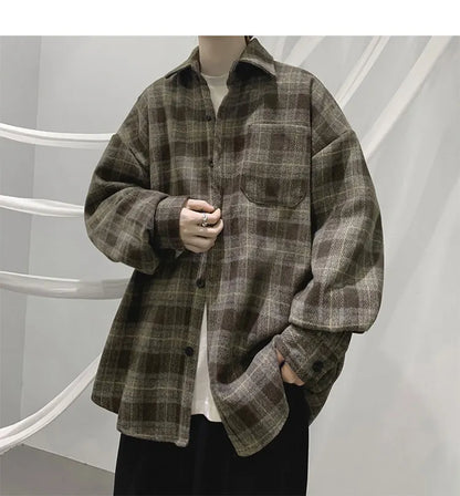 Vintage Korean Flannel Shirt Y2K Plaid Streetwear Winter