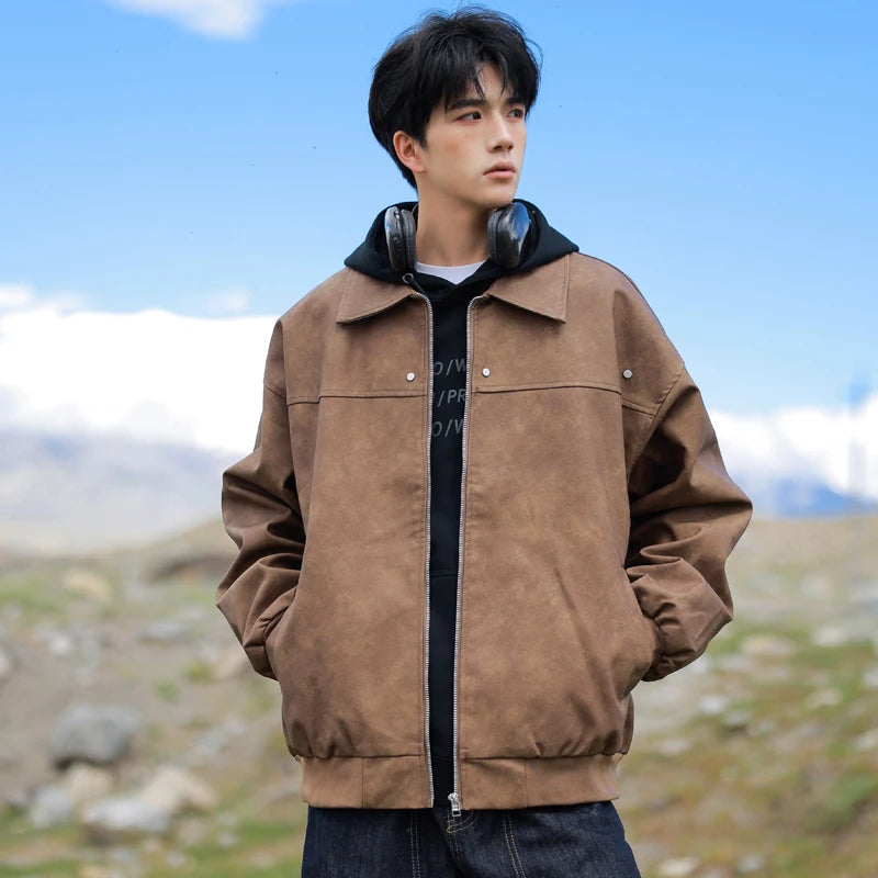 Men's Korean PU Leather Biker Jacket Brown Zipper Coat