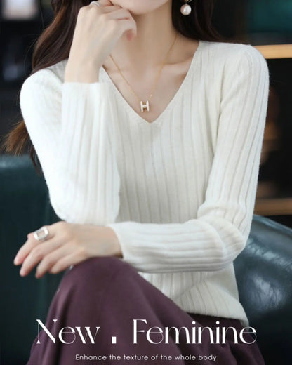 Women V-Neck Knitted Sweater Long Sleeve Top