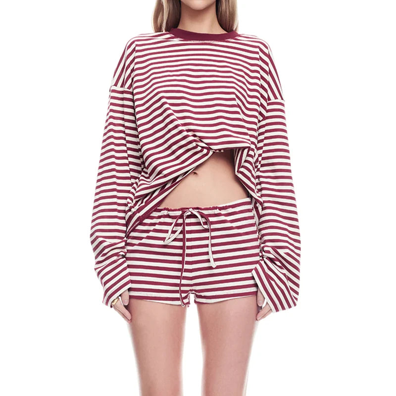 CUTENOVA Women’s Fall Stripe Sweatshirt & Shorts Set
