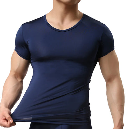 Men's Ice Silk Mesh See-Through Undershirt Sexy Fitness Tee