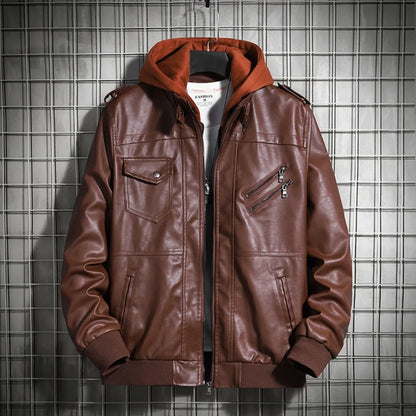 Men’s Hooded PU Leather Jacket – Winter Coat