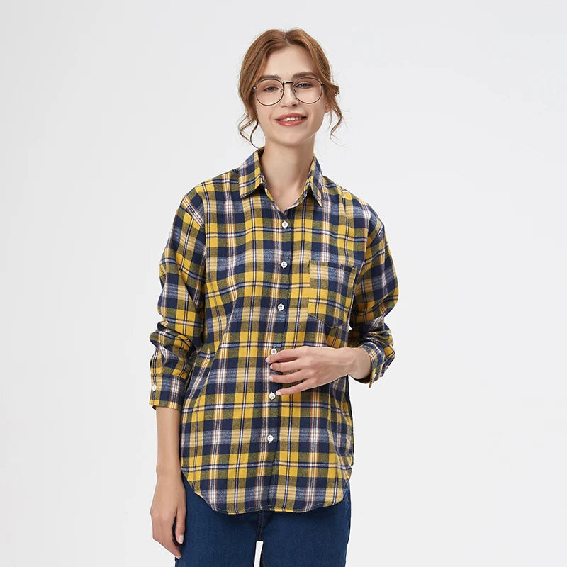 Women's plaid flannel shirt, loose fit, spring casual style