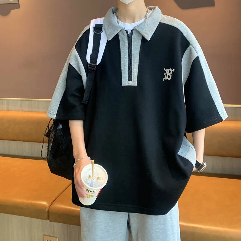 Men's Summer Polo Shirt Casual Loose Zipper Tee