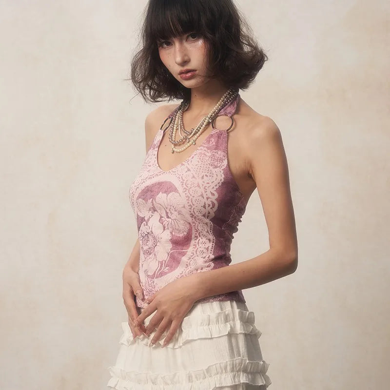 Karrcat Y2K Purple Halter Top – Harajuku Flower Print