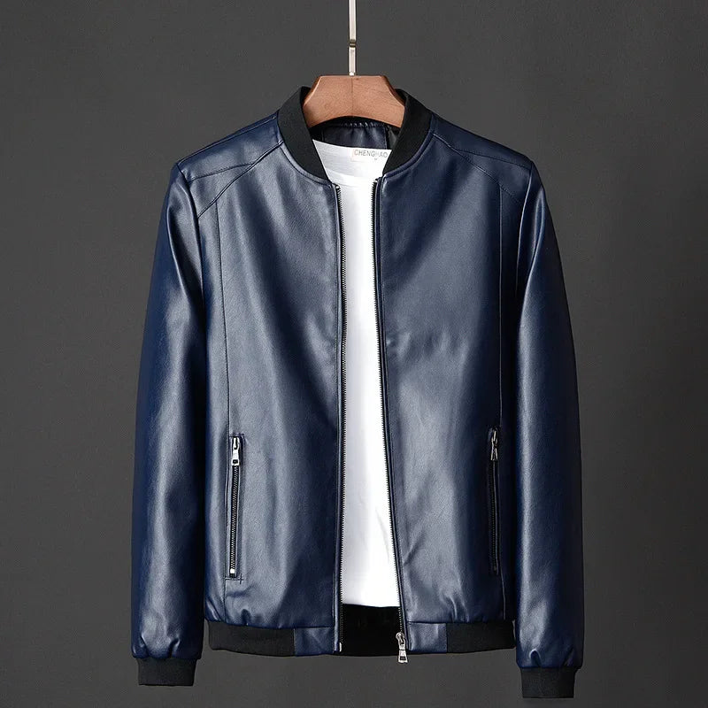 Men Black PU Leather Biker Jacket Slim Casual