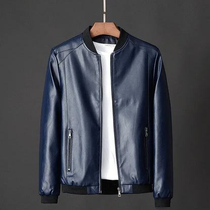 Men Black PU Leather Biker Jacket Slim Casual