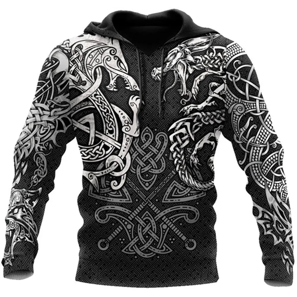 Men's 3D Wolf & Dragon Tattoo Hoodie  Retro Vintage Unisex Sweatshirt