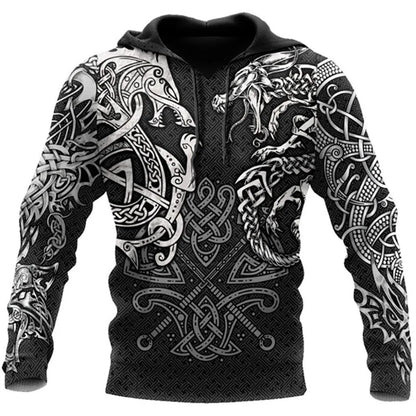 Men's 3D Wolf & Dragon Tattoo Hoodie  Retro Vintage Unisex Sweatshirt
