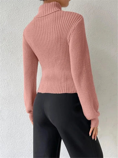 Sexy loose sweater with high neck and hollow design