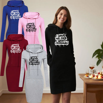 Women's Hooded Dress Long Sleeve Drawstring Text Print