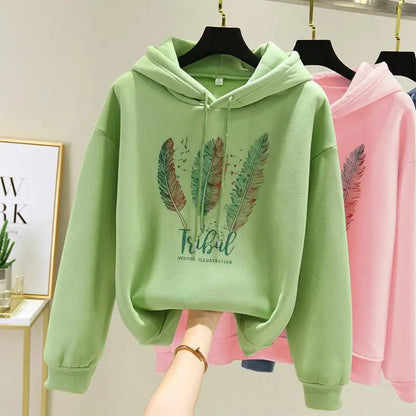 Women’s Feather Print Hoodie - Autumn Winter Casual