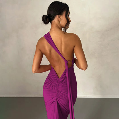 Hugcitar One Shoulder Backless Ruched Maxi Dress Women Y2K