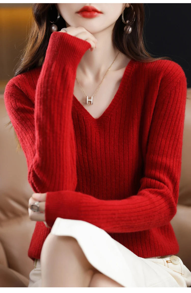 Women V-Neck Knitted Sweater Long Sleeve Top