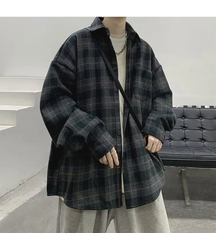 Vintage Korean Flannel Shirt Y2K Plaid Streetwear Winter