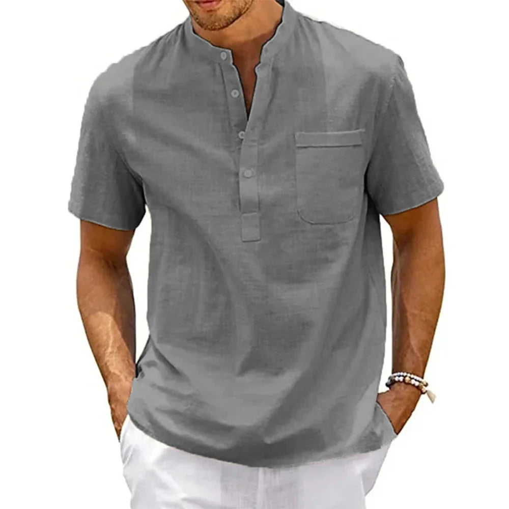Men's Cotton Linen Henley Pocket Tee Casual Summer Shirt