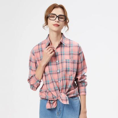 Women's plaid flannel shirt, loose fit, spring casual style