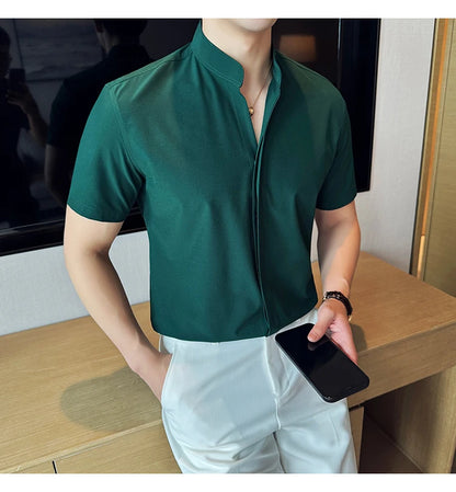 Men’s stand collar V-neck stretch shirt white fashion