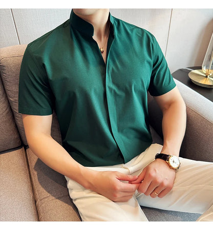 Men’s stand collar V-neck stretch shirt white fashion