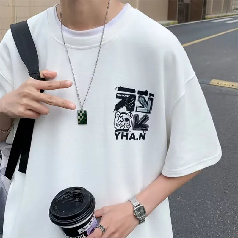 Men's Spring T-shirt Short Sleeve Cartoon Graffiti Print Unisex Alphabet