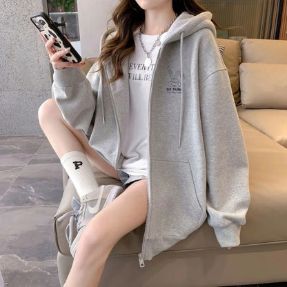 Women Embroidered Zip-Up Hoodie Casual Loose Streetwear Sweatshirt