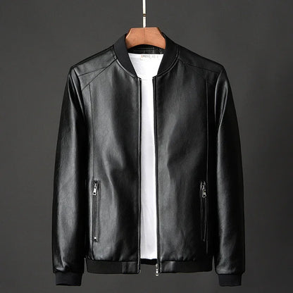 Men Black PU Leather Biker Jacket Slim Casual