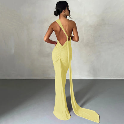 Hugcitar One Shoulder Backless Ruched Maxi Dress Women Y2K