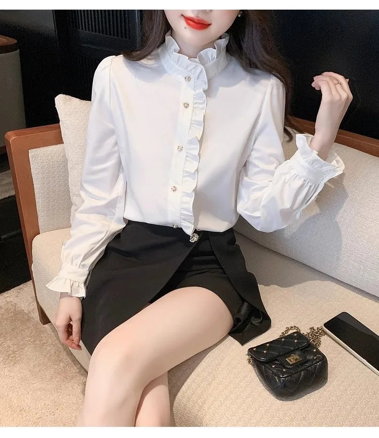 Elegant French style white women’s shirt, long sleeve top