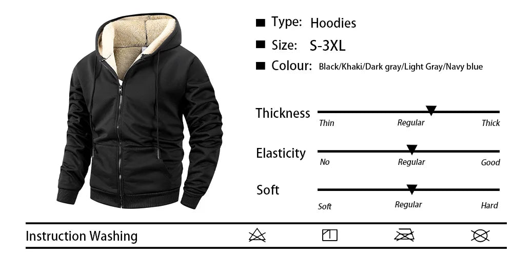 Men's Winter Zipper Jacket Fleece Hooded Coat