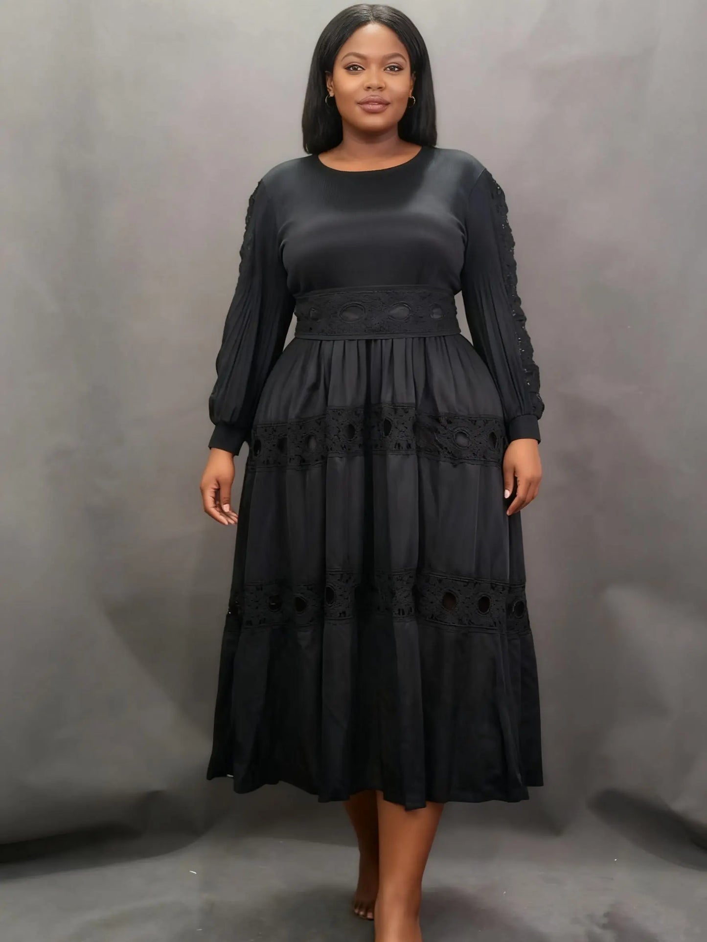Elegant pleated plus-size dress, lace, belt, stretchy, chic