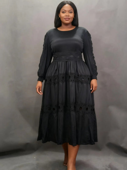 Elegant pleated plus-size dress, lace, belt, stretchy, chic