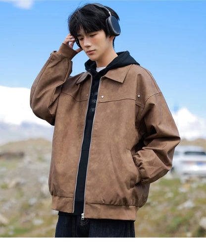 Men's Korean PU Leather Biker Jacket Brown Zipper Coat