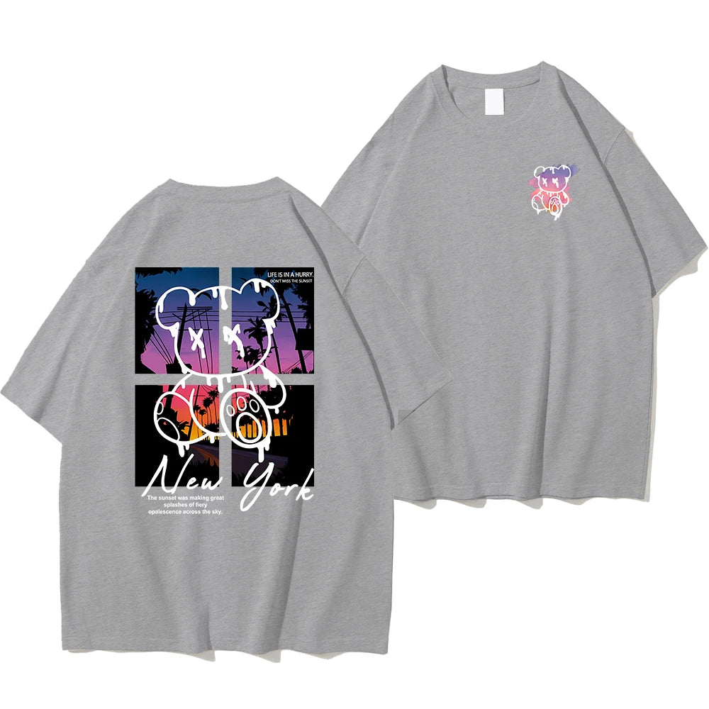New York Art Cartoon Bear Sunset Cotton T-Shirt