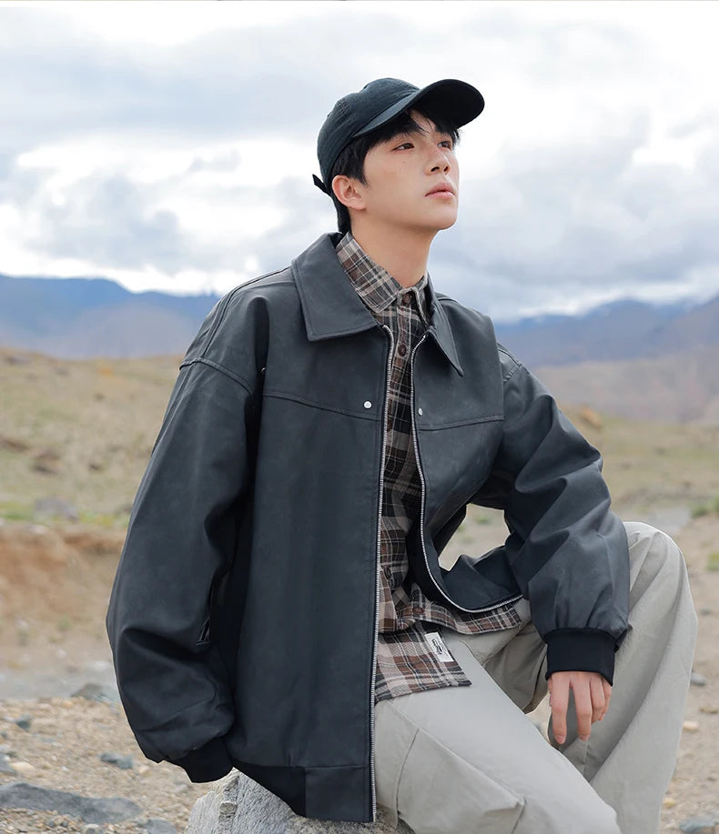 Men's Korean PU Leather Biker Jacket Brown Zipper Coat