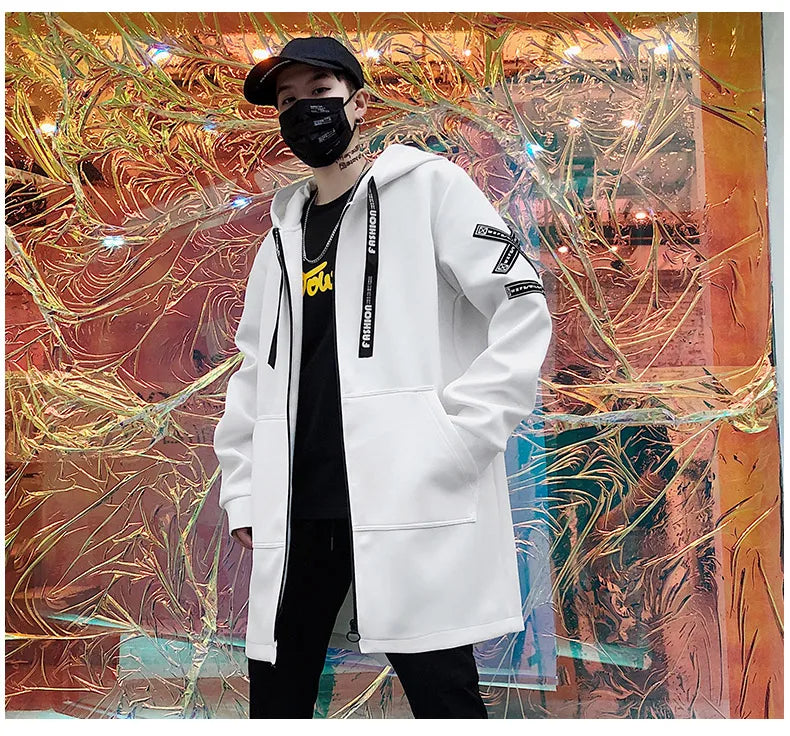 Men 5XL Hooded Long Jacket, Black & White, Hip Hop Streetwear