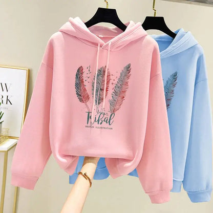 Women’s Feather Print Hoodie - Autumn Winter Casual
