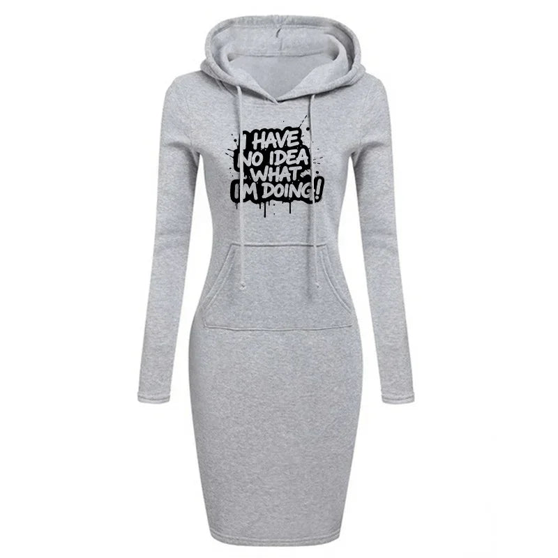 Women's Hooded Dress Long Sleeve Drawstring Text Print