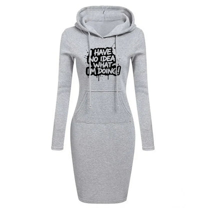 Women's Hooded Dress Long Sleeve Drawstring Text Print