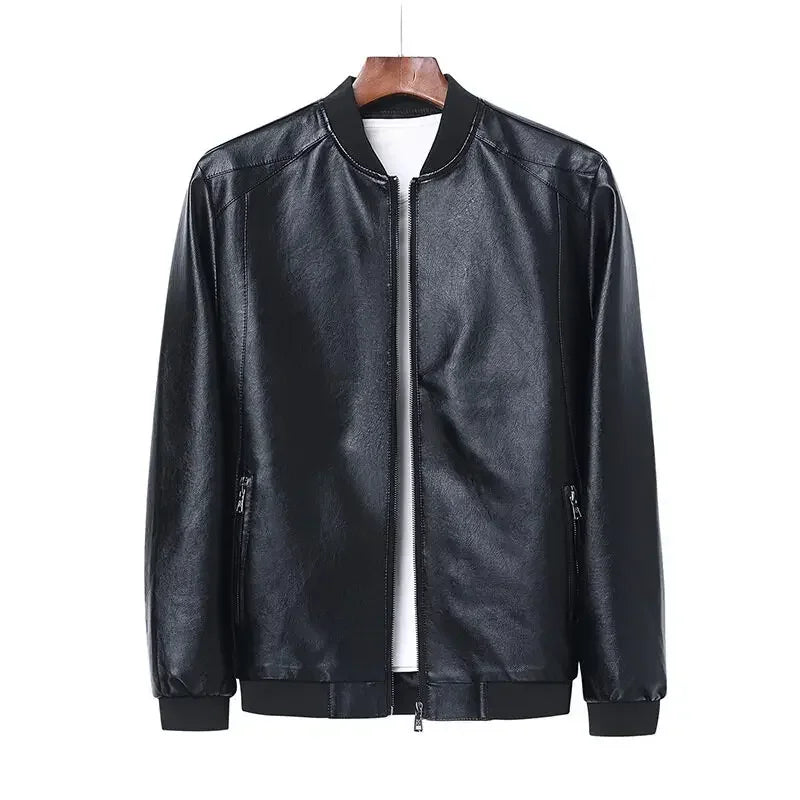 Men Black PU Leather Biker Jacket Slim Casual