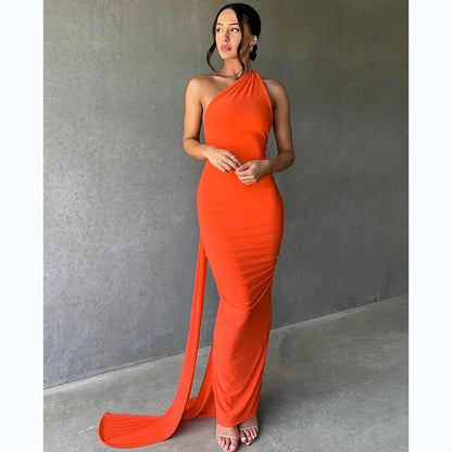 Hugcitar One Shoulder Backless Ruched Maxi Dress Women Y2K