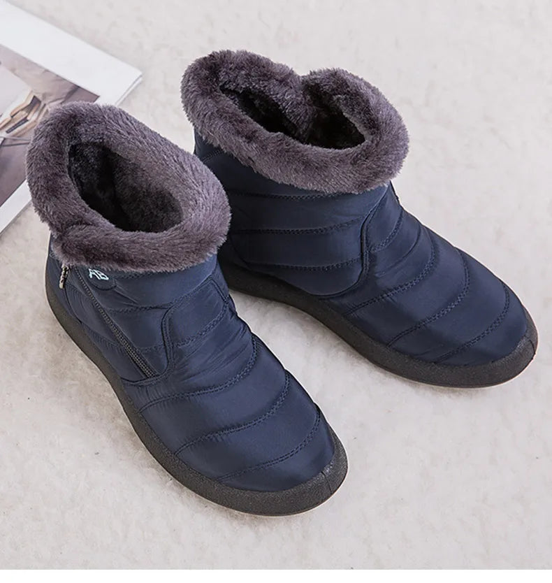 Stylish women's ankle boots with fur, low heels, waterproof winter shoes