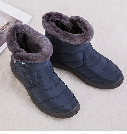 Stylish women's ankle boots with fur, low heels, waterproof winter shoes