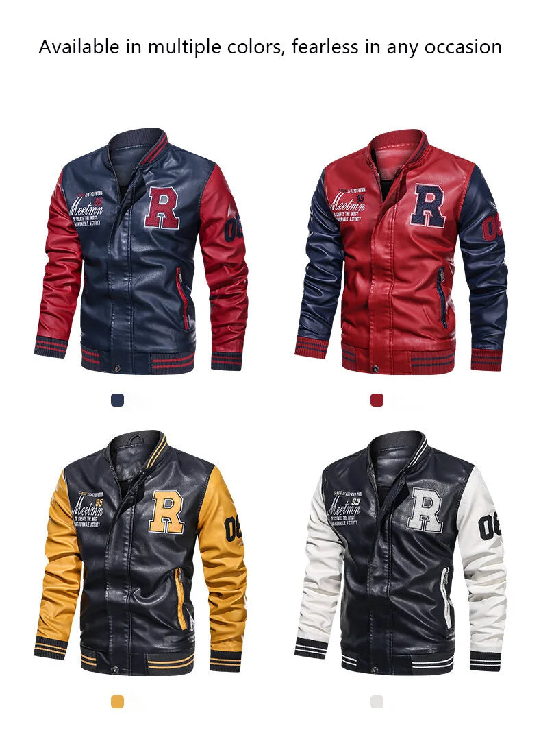 Men's PU Leather Motorcycle Jacket – Casual Pilot, Color Block